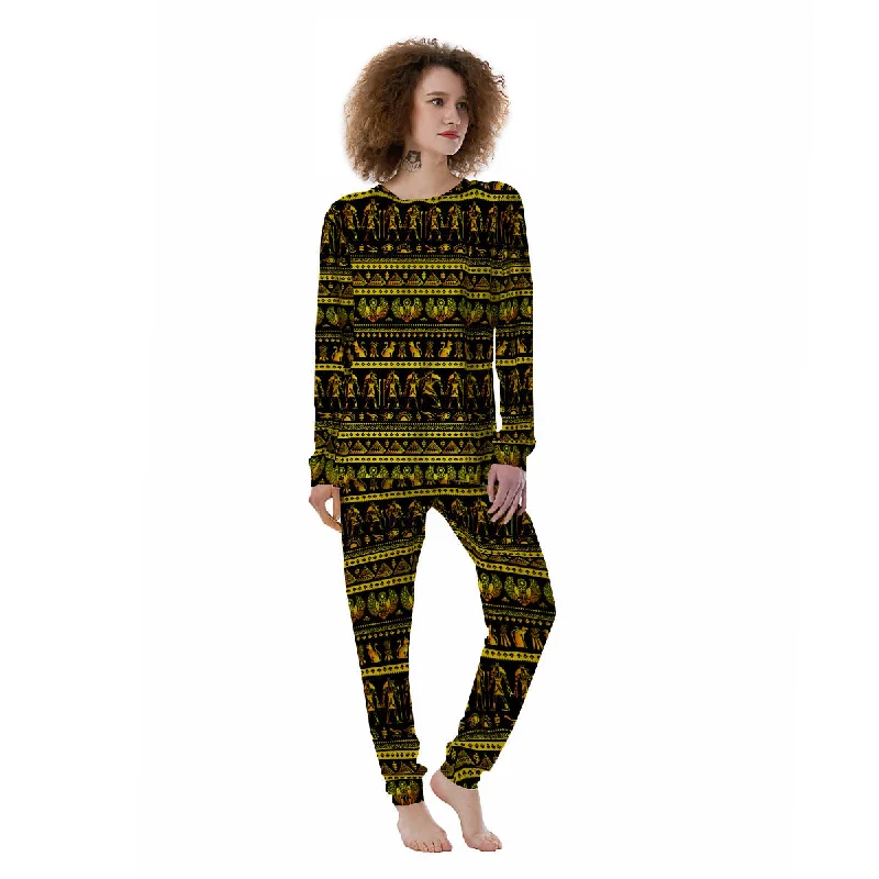 Gold Egypt Ethnic Print Women's Pajamas Linen pajama sets