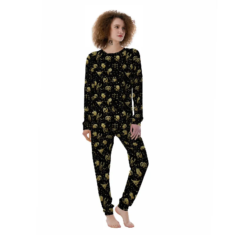 Golden Horoscope Zodiac Signs Print Pattern Women's Pajamas Party pajama sets