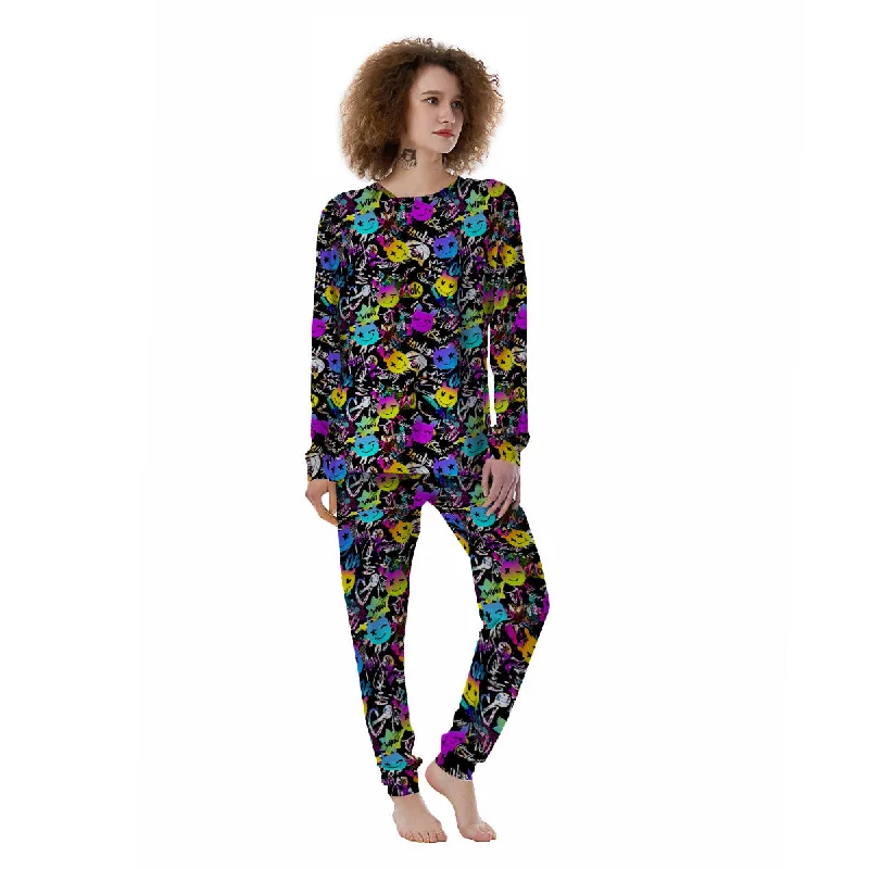 Graffiti Colorful Emoji Faces Print Pattern Women's Pajamas Long sleeve pajama sets