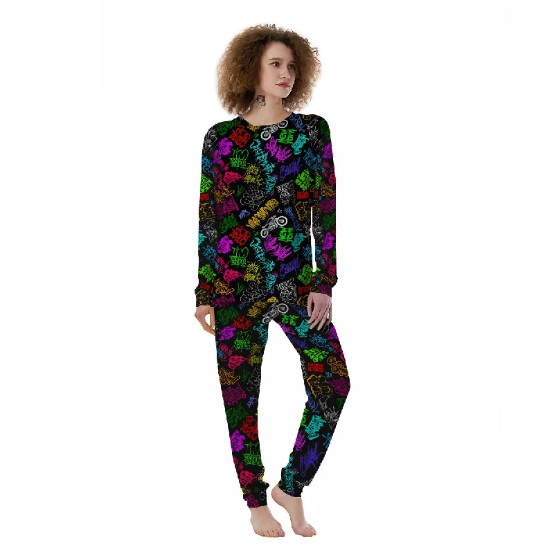 Graffiti Text Colorful Urban Elements Print Pattern Women's Pajamas Knitted pajama sets