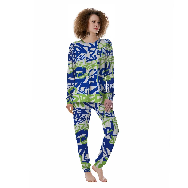 Green Blue Urban Graffiti Text Print Pattern Women's Pajamas Affordable pajama sets