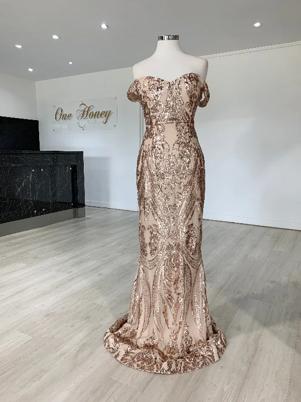 Honey Couture ALISSA Gold Off Shoulder Sequin Formal Dress Cozy Satin Gown