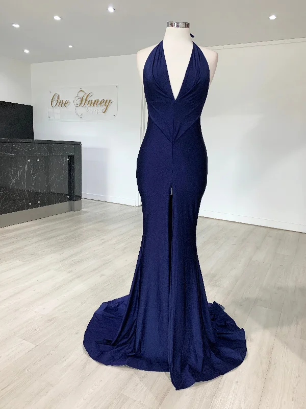 Honey Couture ARIANA Navy Blue Low Back Mermaid Evening Gown Dress Satin Lace Set