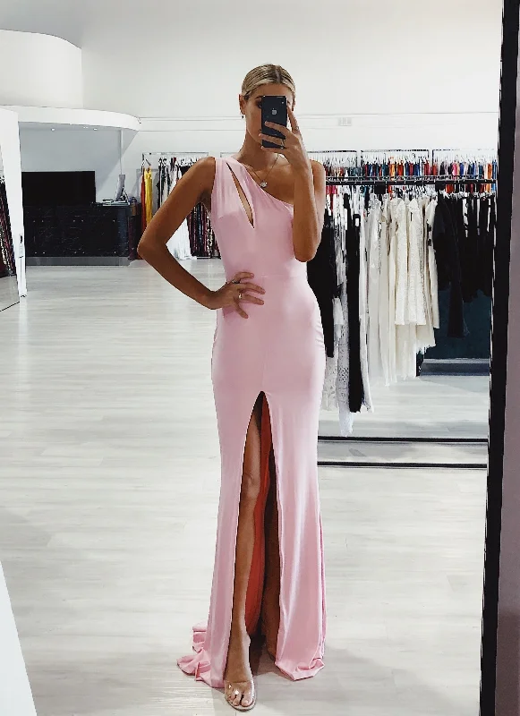 Honey Couture EVANGELINE Baby Pink One Shoulder Formal Dress Sleeveless Bridal Gown