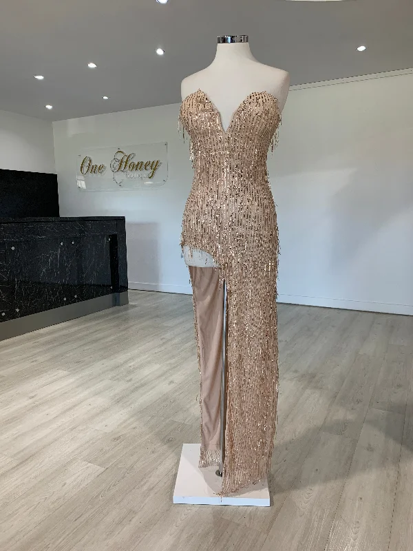 Honey Couture IRENE Gold Strapless Tassel Sequin Formal Dress Silk Lace Robe