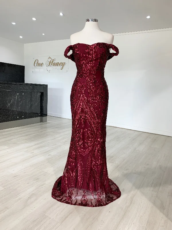 Honey Couture NISHIN Burgundy Off Shoulder Sequin Evening Gown Dress Luxe Velvet Robe