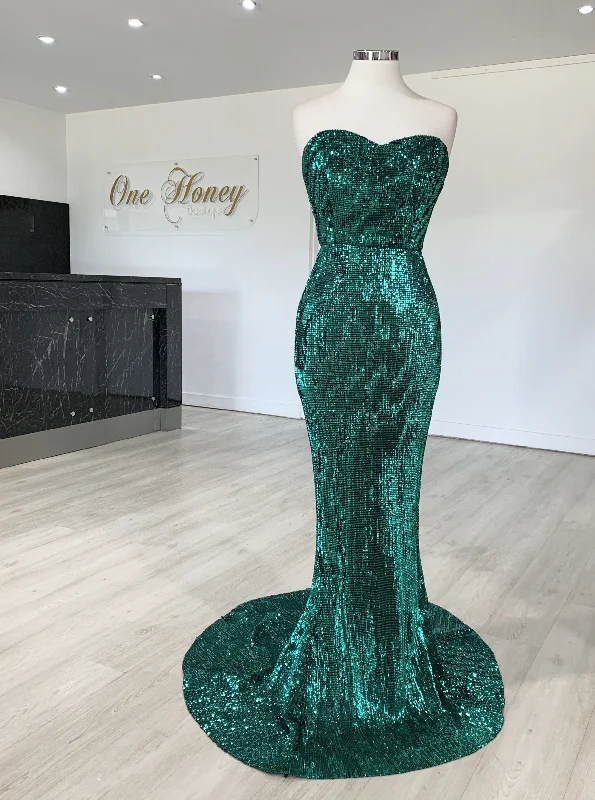 Honey Couture SONYA Emerald Green Strapless Sequin Evening Gown Dress Luxury Satin Robe