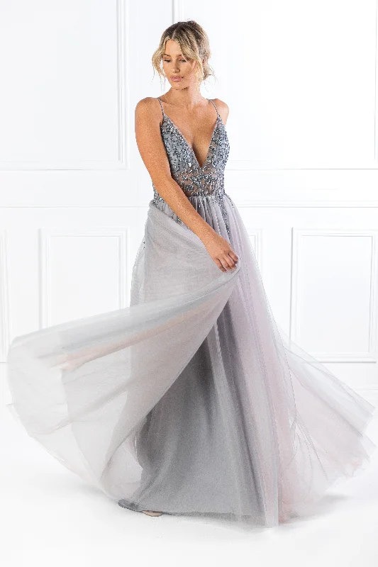 Honey Couture VIOLET Grey Tulle Crystal Beaded Formal Dress Elegant Robe Gown