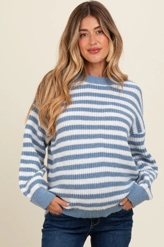 Blue Striped Crew Neck Maternity Sweater Boho-style sweaters