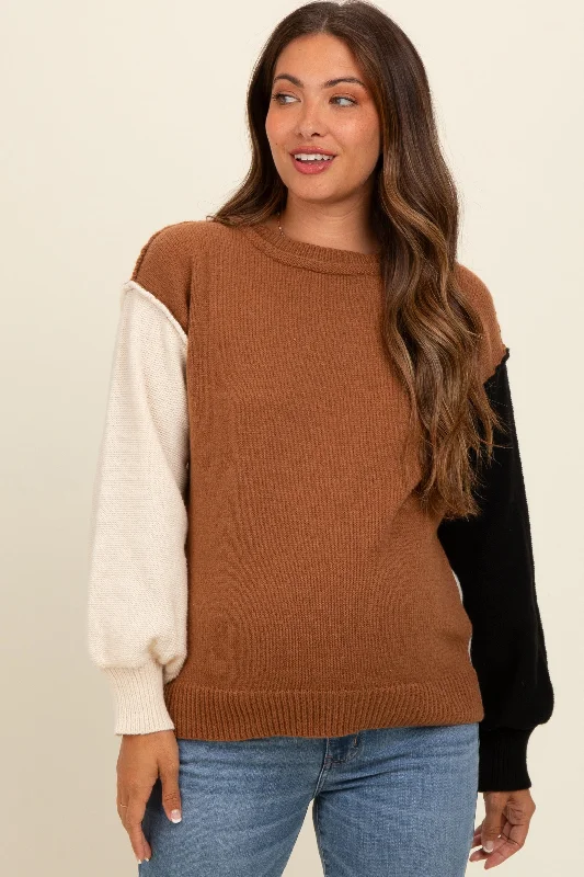 Brown Colorblock Sleeve Maternity Sweater Women's fashion sweaters sale