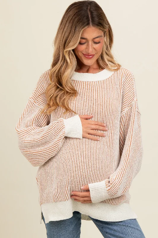 Camel Two Tone Ribbed Knit Maternity Sweater High-end sweaters