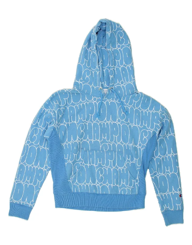 CHAMPION Womens Oversized Graphic Hoodie Jumper UK 10 Small Blue Cotton Boho-style sweaters