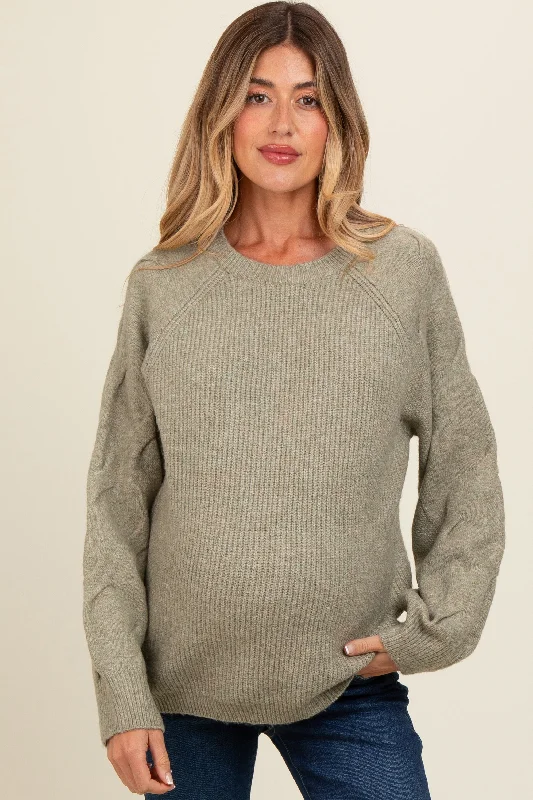 Light Olive Speckled Knit Contrast Sleeve Maternity Sweater Office sweaters