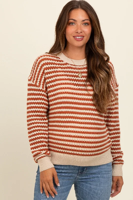 Rust Striped Crochet Knit Maternity Sweater Discounted sweaters