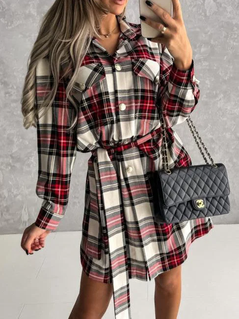 Long Sleeve Button Down Wrap Waist Plaid Mini Dress Boohoo mini dresses