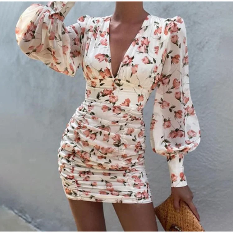 Deep V Neck Long Sleeve Floral Mini Dress Festival mini dresses