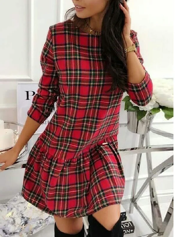 Round Neck Long Sleeve Plaid Mini Dress Denim mini dresses