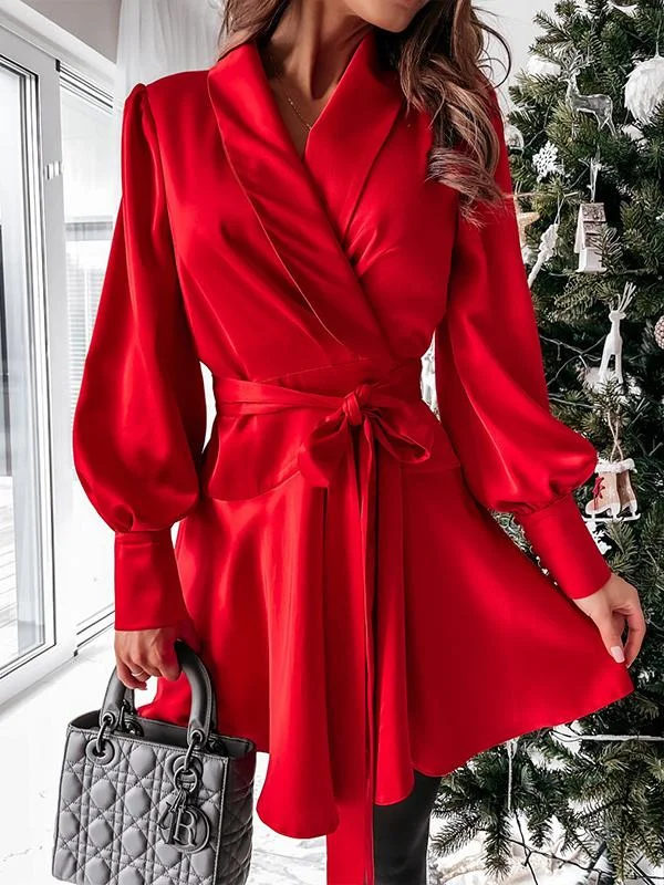 Plain Belted Long Sleeve Mini Dress Satin mini dresses