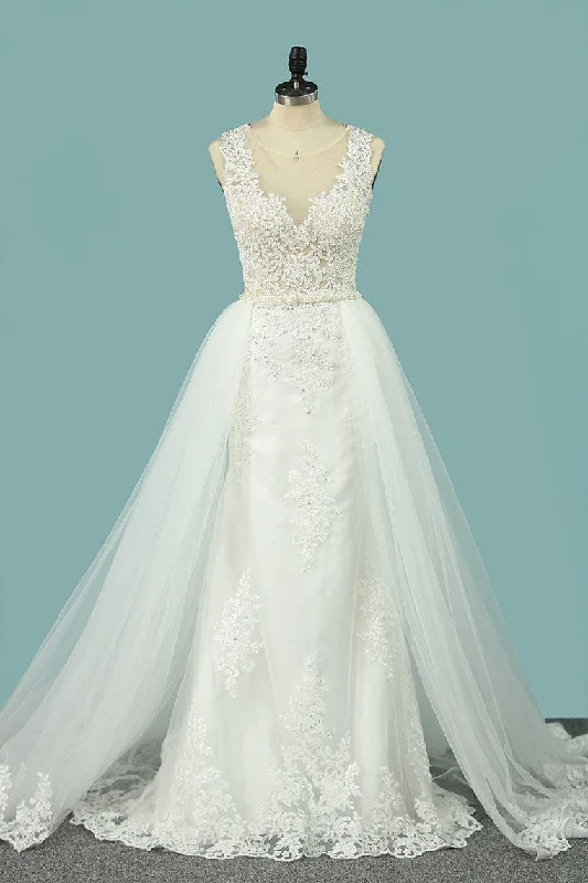 2024 Mermaid Wedding Dresses Scoop Tulle With Applique Court Train Detachable Floral Lace Wedding