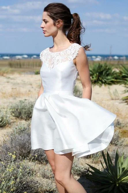 A Line Round Neck Open Back Short Beach Wedding Dress with Lace Pockets STI15018 Illusion Lace Gown