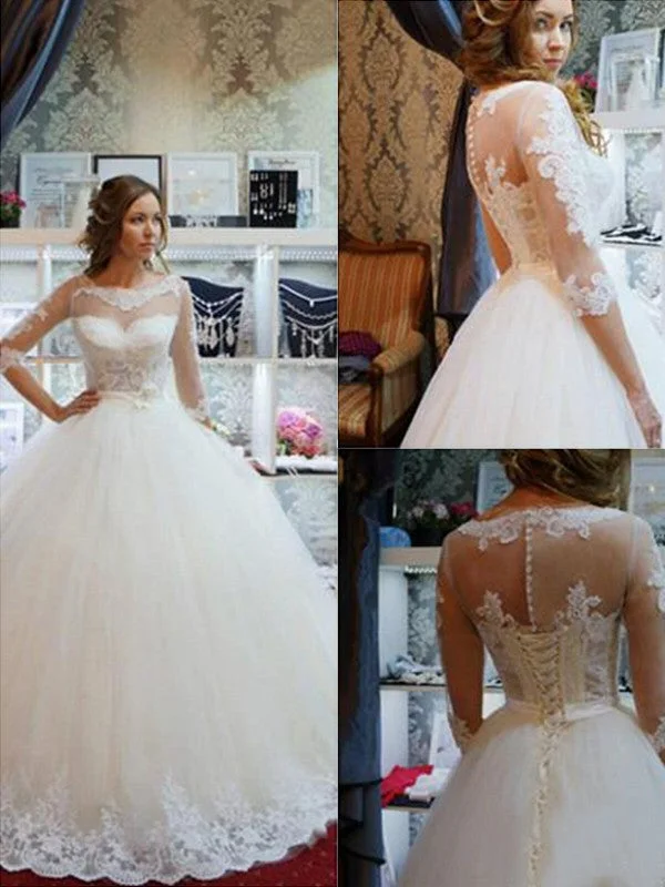 Ball Gown Tulle Scoop 1/2 Sleeves Applique Floor-Length Wedding Dresses Strapless Bridal Dress