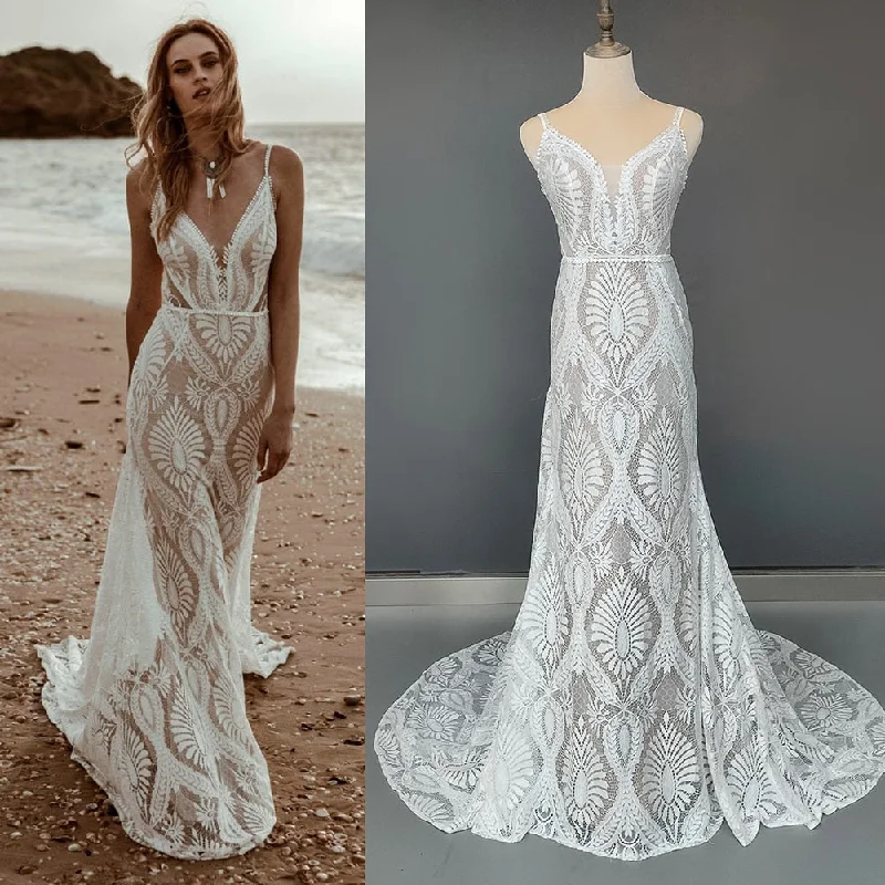 Beach Wedding Mermaid Bridal Gown Deep V-Neck Rustic Lace Dress Sexy Wedding Dress