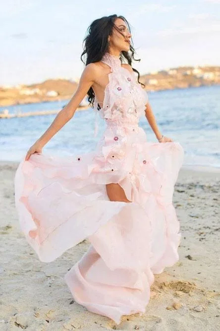 Boho Halter Backless Light Pink Chiffon Beach Wedding Dresses with Appliques Ruffles STI15082 Floral Lace Wedding