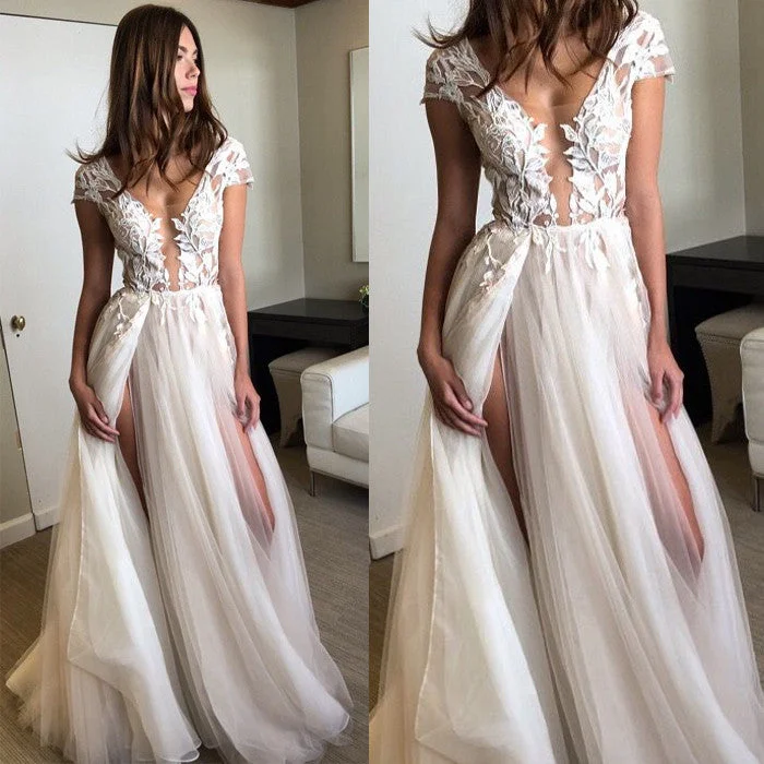 Cap Sleeves Seen Through Deep V Neck Sexy Split Long Prom Wedding Dresses, WG657 Sleek Wedding Dress