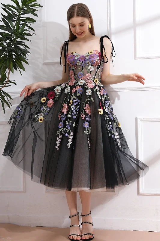 Colorful Applique Floral Corset Black Dress with Tie Straps Soft Wedding Gown