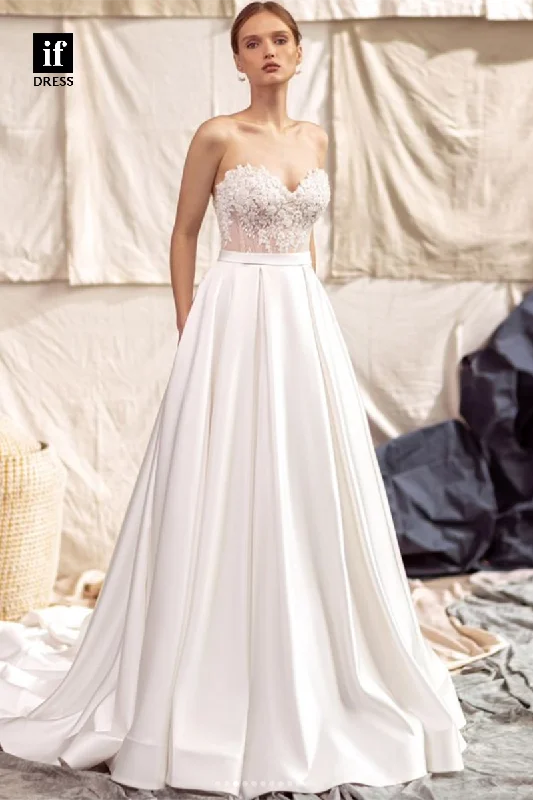 71130 - Off-Shoulder Sweetheeart A-Line Pleated Satin Beach Wedding Dress with Train Beaded Bridal Gown