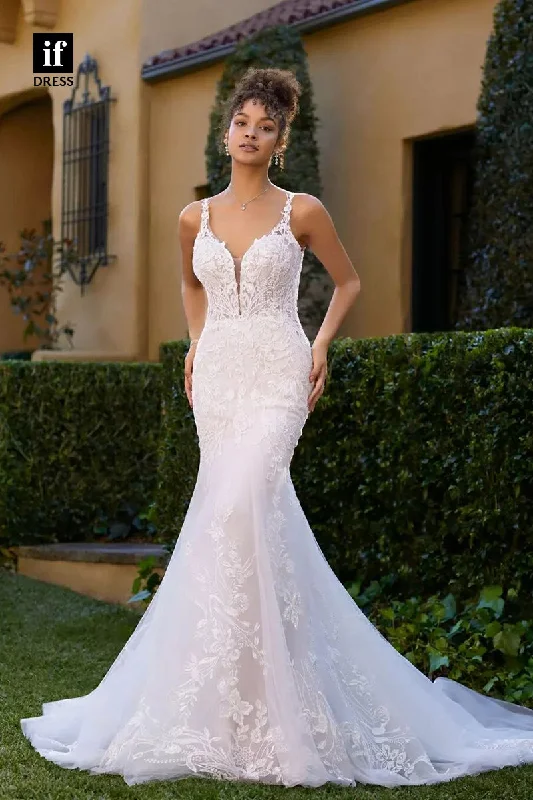 71131 - Vintage Straps V-Neck Lace Appliques Mermaid Wedding Gown with Train Empire Waist Dress