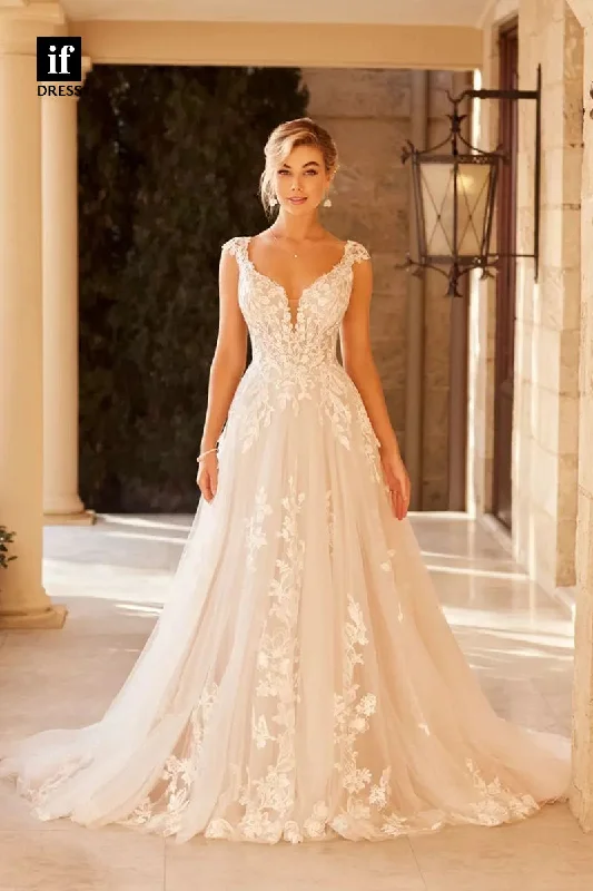 71132 - Elegant Straps V-Neck Lace Appliques A-Line Beach Wedding Dress with Train Satin Bridal Gown