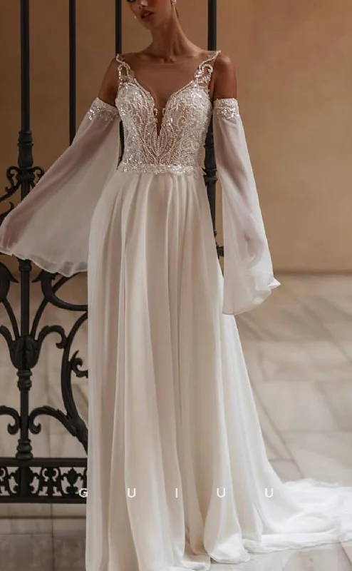 GW775 - Chic & Modern A-Line Scoop V-Neck Illusion Beaded and Sequined Draped Boho Wedding Dress with Long Bishop Sleevs and Sweep Train Beautiful Bridal Gown