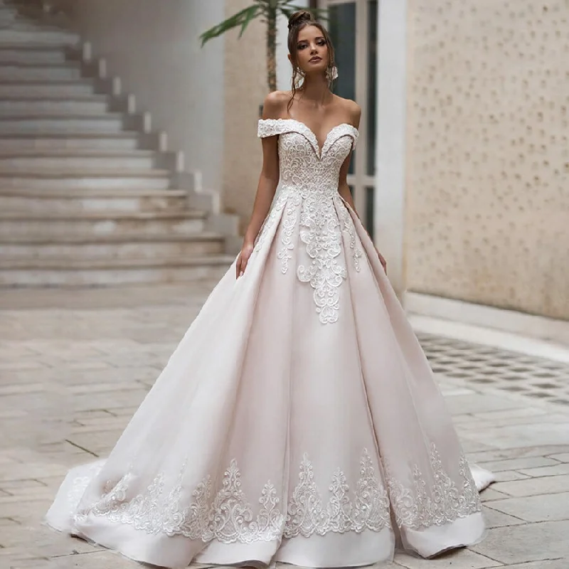 Elegant Beading A-line Off-shoulder Wedding Dress Backless Embroidered Satin Bridal Gown Empire Waist Gown