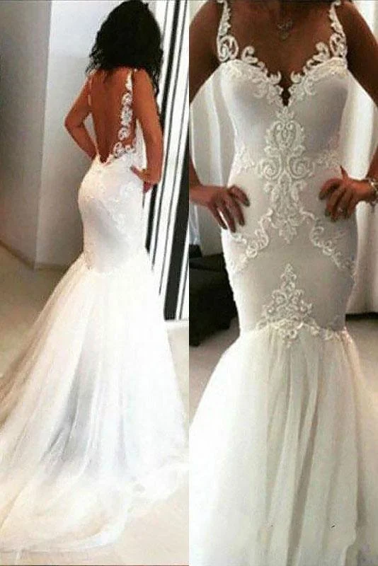 Elegant Mermaid White V Neck Appliques Wedding Dresses, Tulle Beach Wedding Gowns STI15183 Vintage Lace Dress