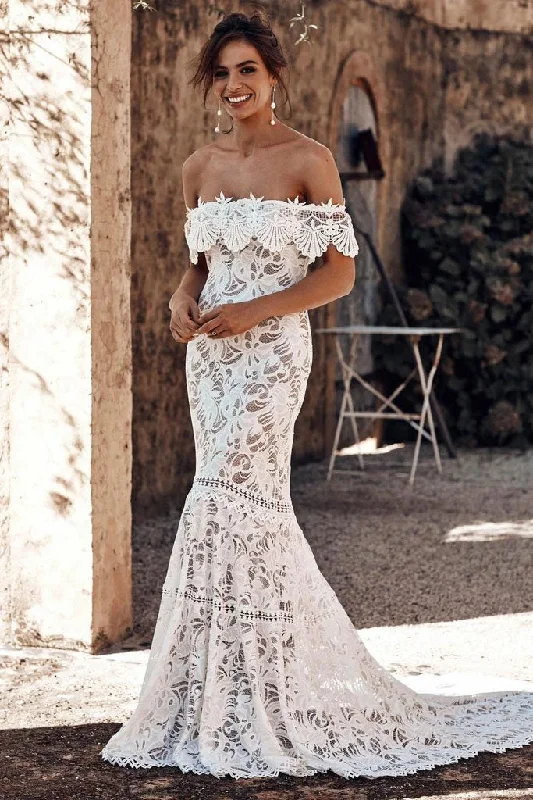 Elegant Off the Shoulder Ivory Lace Mermaid Beach Wedding Dress, Cheap Bridal Dress STI15188 Soft Lace Gown