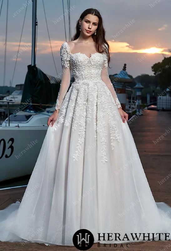 Elegant Vine Long Sleeve Sweetheart Wedding Dress Soft Lace Gown