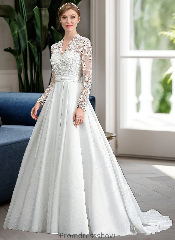 Kayleigh Ball-Gown/Princess V-neck Court Train Satin Wedding Dress With Bow(s) STKP0013746 Illusion Neckline Gown