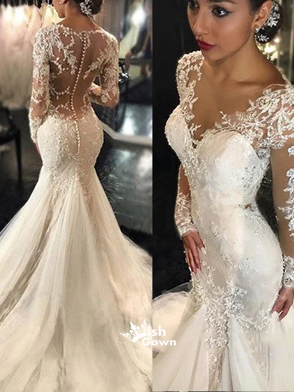 Luxury See Through Long Sleeve Sexy Mermaid Lace Tulle Wedding Dresses, WD0198 A-line Wedding Gown