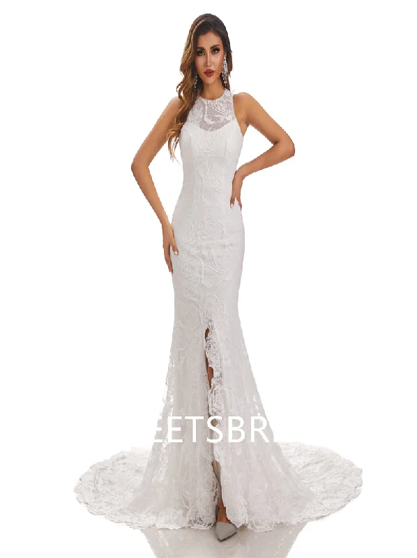 Lvory Lace Sleeveless Mermaid Applique Side slit Wedding Dresses,DB0176 Beaded Bridal Gown