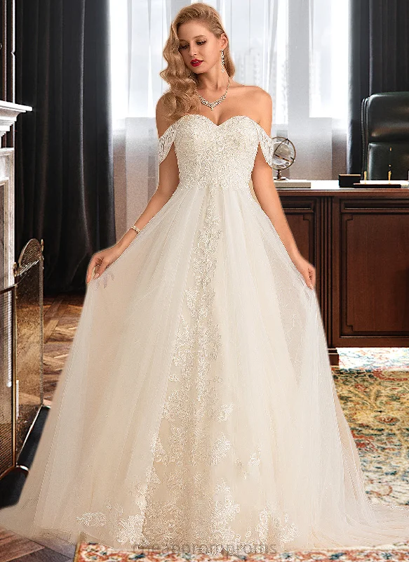 Madelynn Ball-Gown/Princess Chapel Train Tulle Lace Wedding Dress With Sequins STIP0013726 Simple Wedding Gown