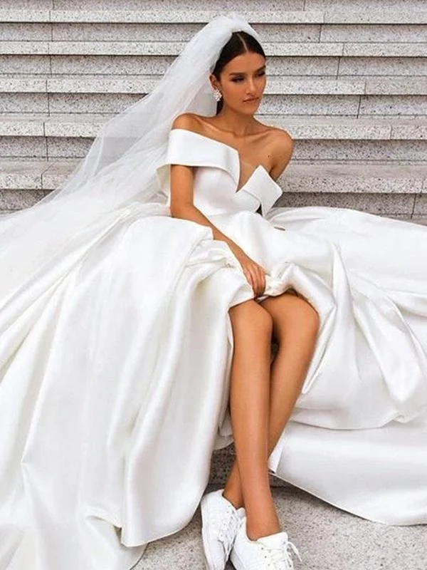 Off-The-Shoulder White Satin A-line Long Cheap Wedding Dresses, WDS0050 Romantic Lace Dress