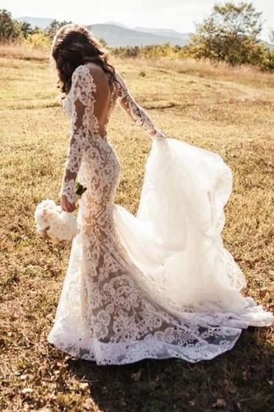 Romantic Long Appliques Backless Lace Mermaid Ivory Long Sleeve Wedding Dresses WK294 Sexy Wedding Dress