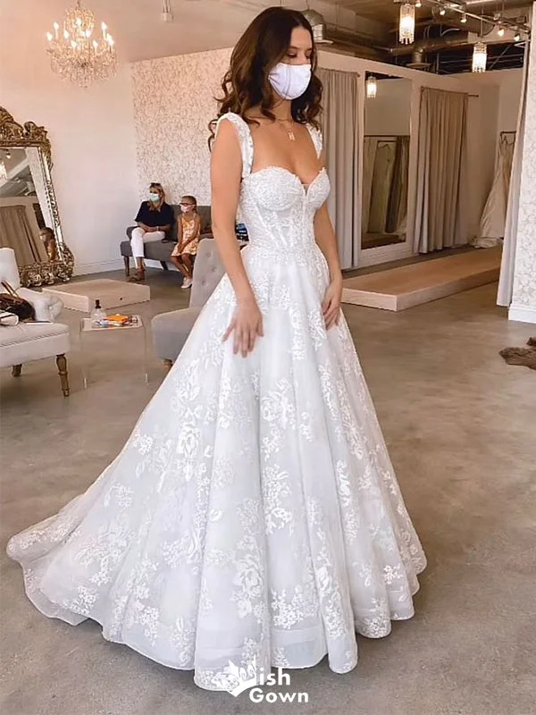 Romantic Lace Strapless A-Line Long Sleeve With Trailing Flower Lace Popular Bridal Long Wedding Dresses, WDH156 Sparkle Bridal Dress