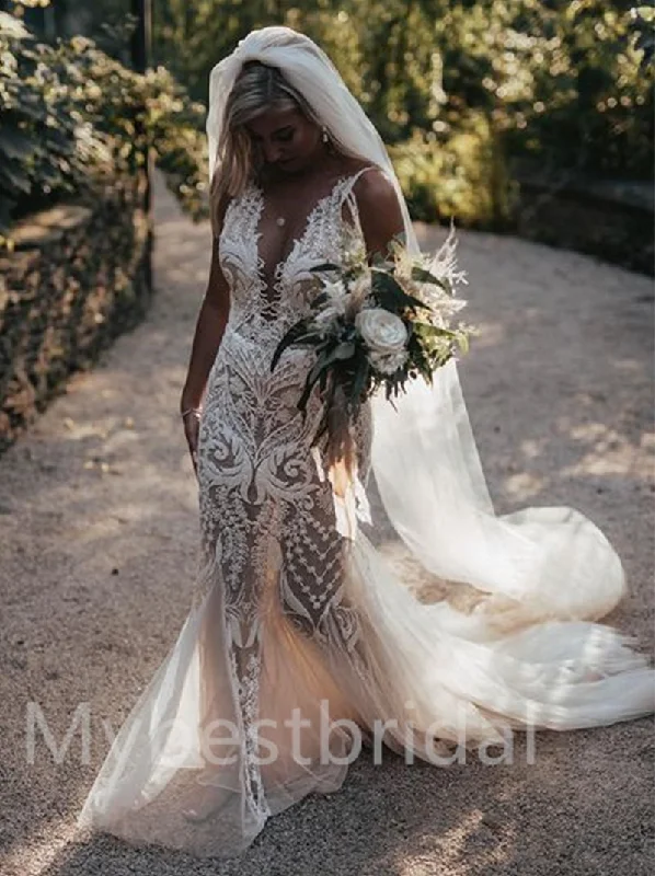 Sexy V-neck Spaghetti straps Mermaid Lace appique Wedding Dresses, WDY0237 Vintage Wedding Gown