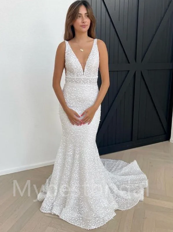 Simple Sexy V-neck Mermaid Pretty Wedding Dresses, WDY0201 Lace Boho Dress