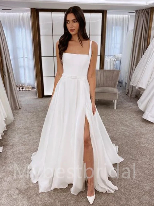 Simple Square neckline A-line Side slit Wedding Dresses,  WDY0202 Sleeveless Bridal Gown