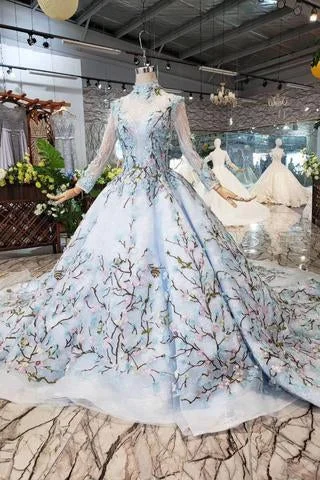 Stunning Light Blue Long Sleeve Wedding Dresses High Neck Quinceanera Dresses WK772 A-line Bridal Dress