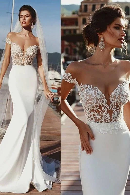 Stunning Mermaid Cap Sleeve Sheer Neck Long Wedding Dresses Beach Wedding Gowns STK15437 Lace Sleeveless Dress