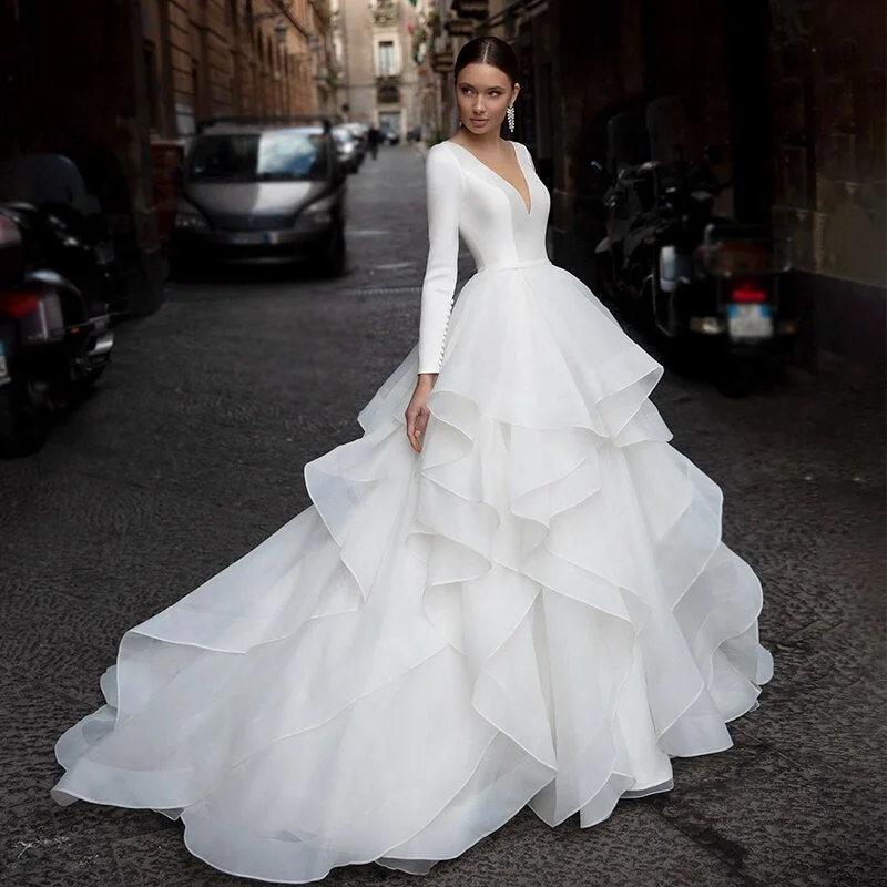 VLLUSISA Ruffled Tulle Ball Gown Wedding Dress V-neck Long Sleeve Satin Princess Bridal Gown Elegant A-line Gown